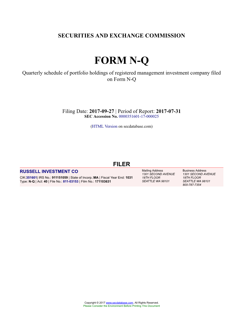 RUSSELL INVESTMENT CO Form N-Q Filed 2017-09-27