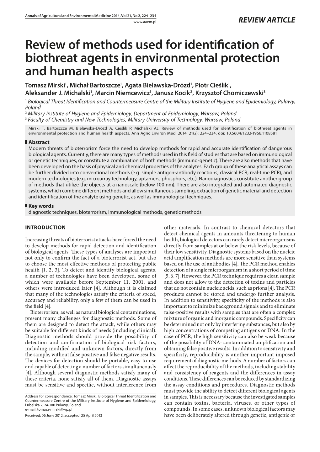 Review of Methods Used for Identification of Biothreat Agents in Environmental Protection and Human Health Aspects