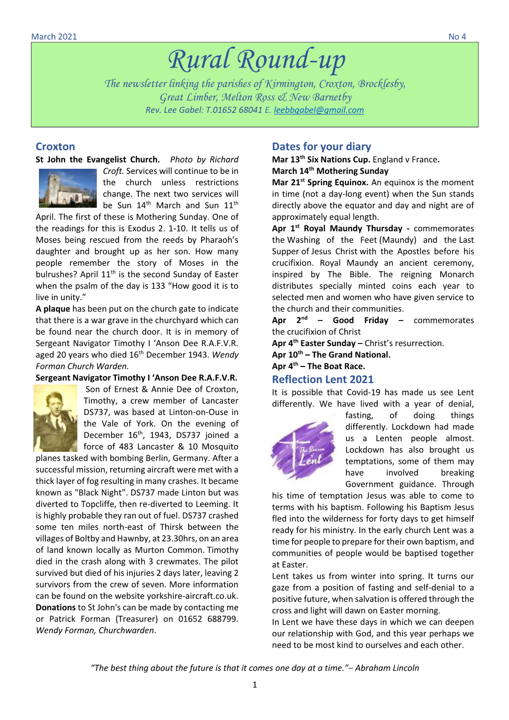 Rural Round-Up the Newsletter Linking the Parishes of Kirmington, Croxton, Brocklesby, Great Limber, Melton Ross & New Barnetby Rev