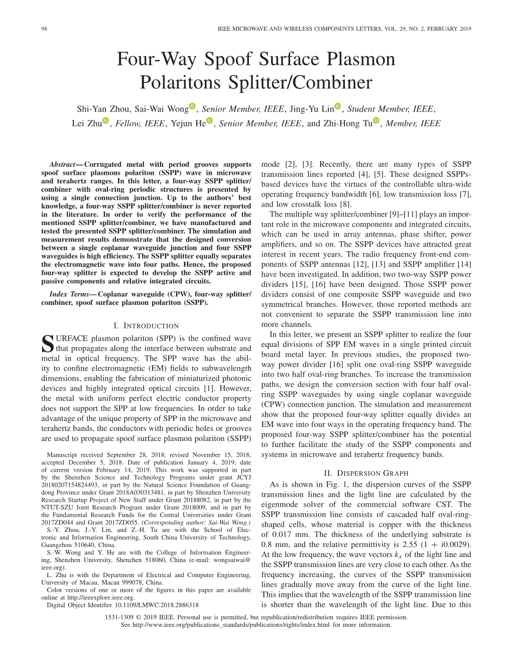 Four-Way Spoof Surface Plasmon Polaritons Splitter/Combiner