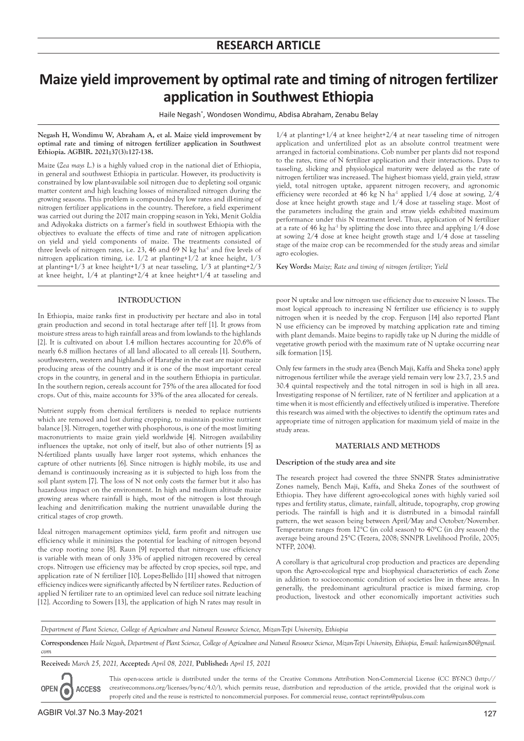 Maize Yield Improvement by Optimal Rate and Timing of Nitrogen Fertilizer