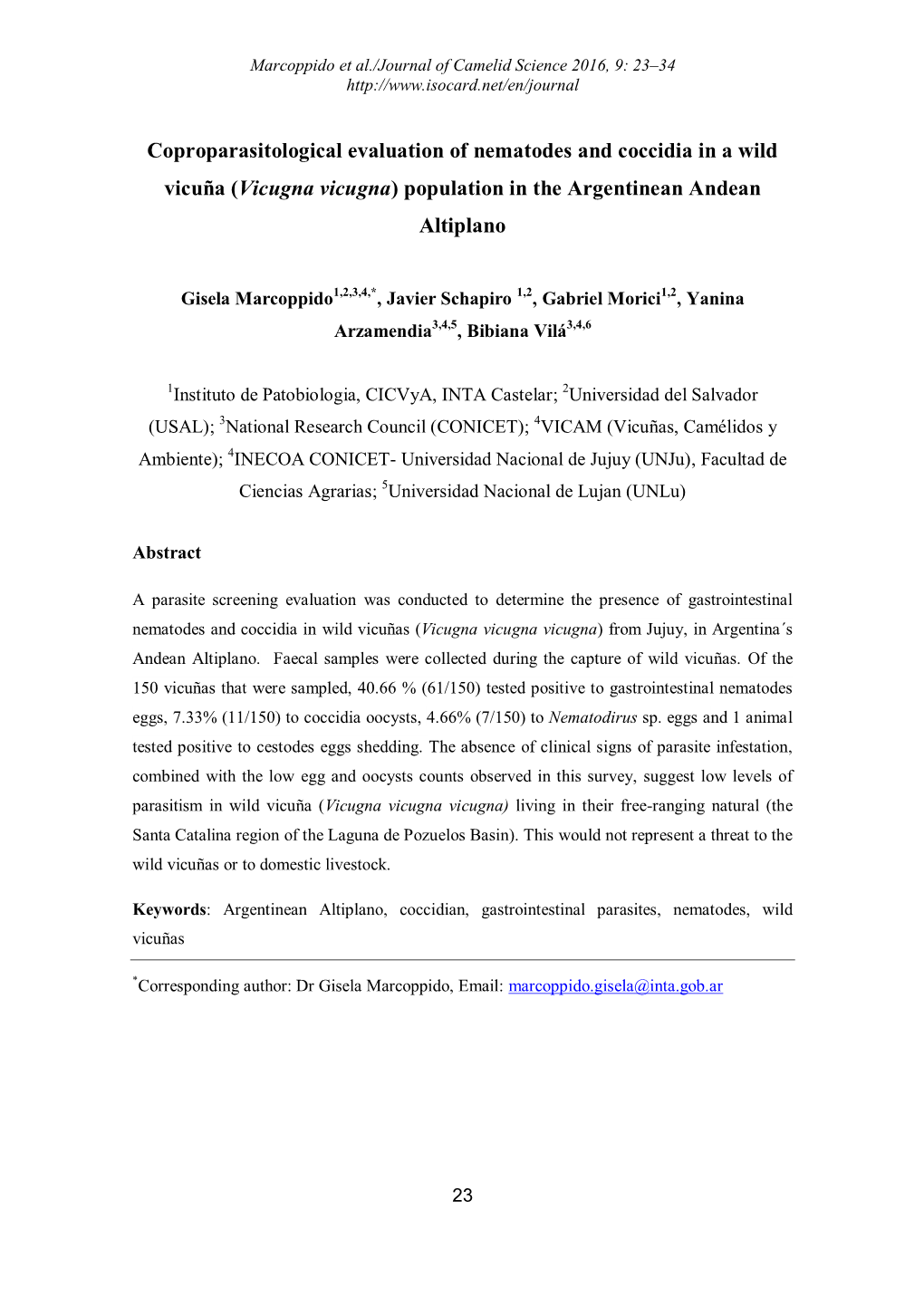 Coproparasitological Evaluation of Nematodes and Coccidia in a Wild Vicuña (Vicugna Vicugna) Population in the Argentinean Andean Altiplano