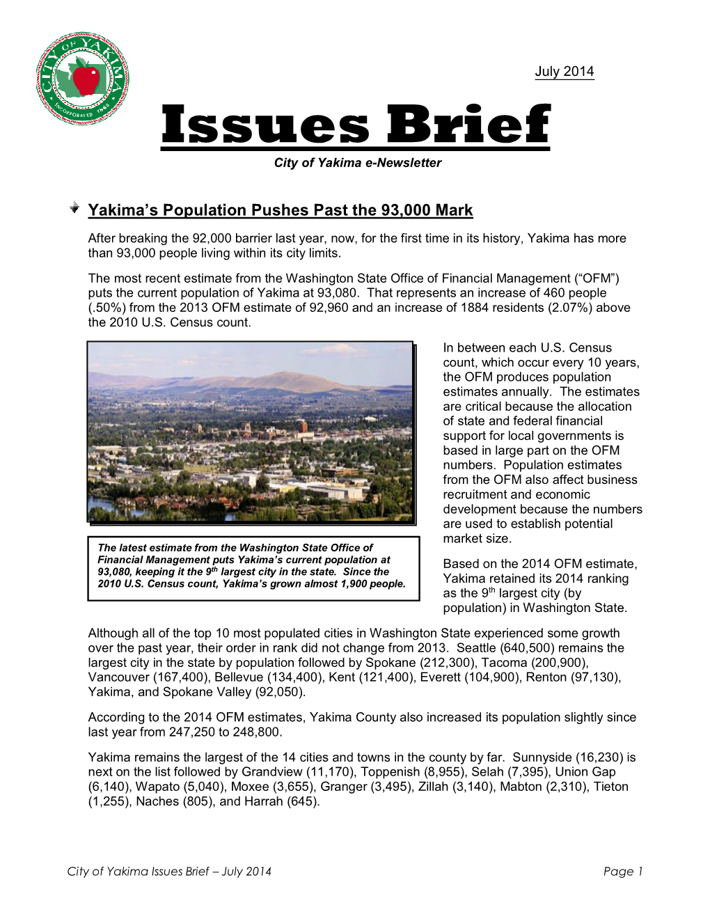 Issues Brief City of Yakima E-Newsletter