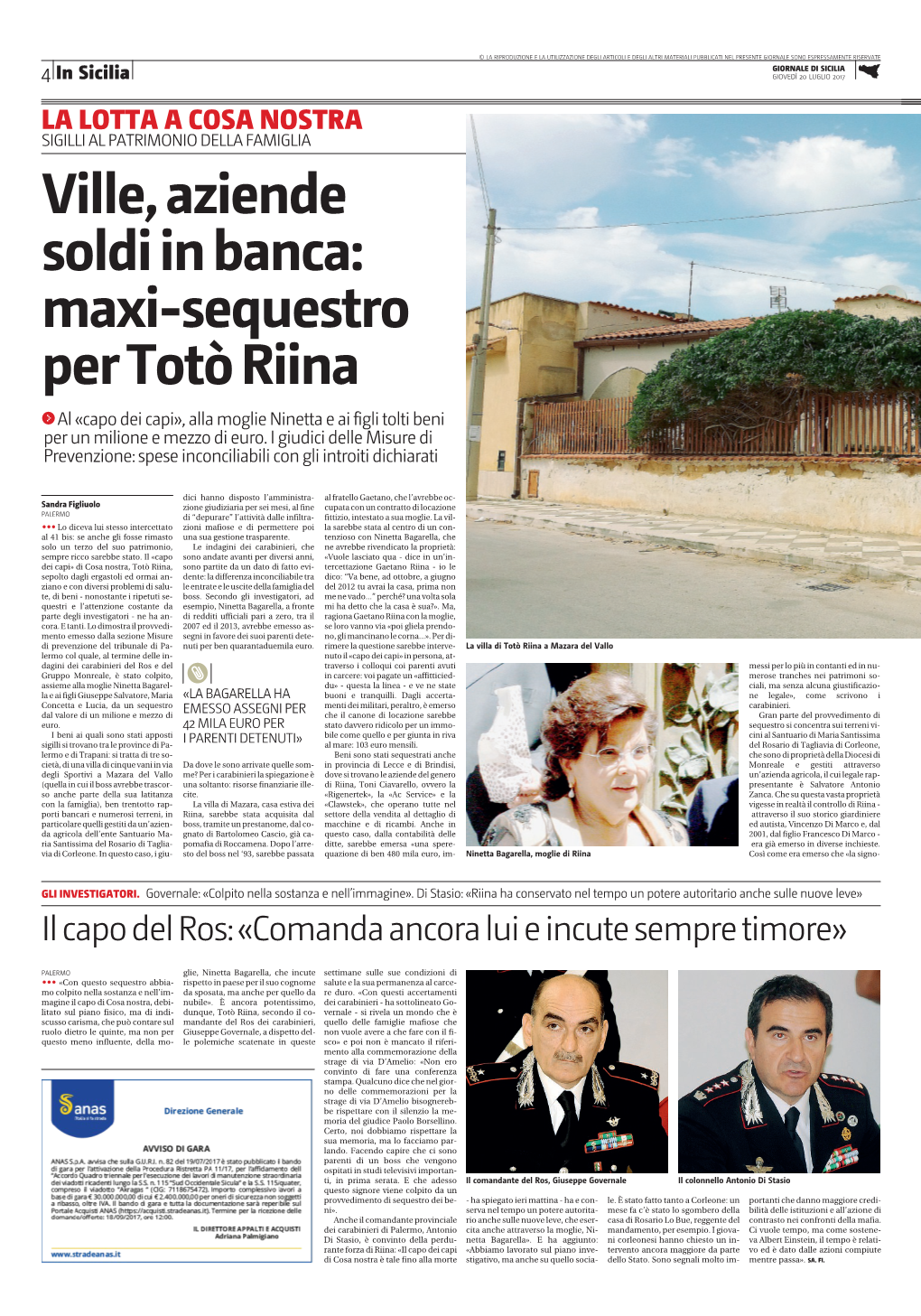 Maxi-Sequestro Per Totò Riina 0 Al «Capo Dei Capi», Alla Moglie Ninetta E Ai Figli Tolti Beni Per Un Milione E Mezzo Di Euro