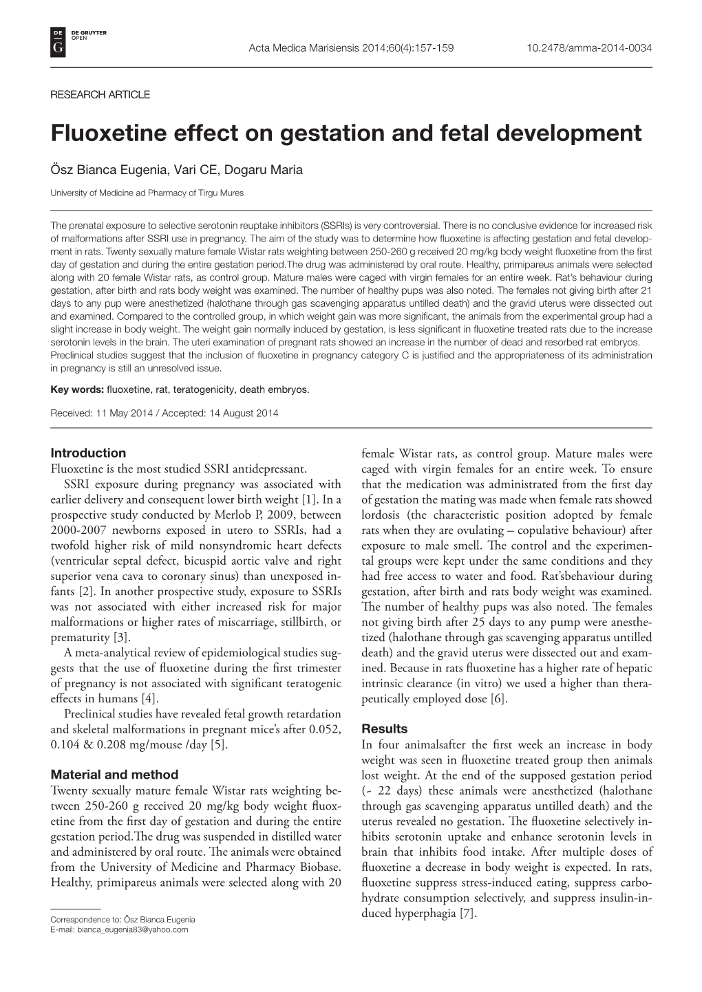 Fluoxetine Effect on Gestation and Fetal Development