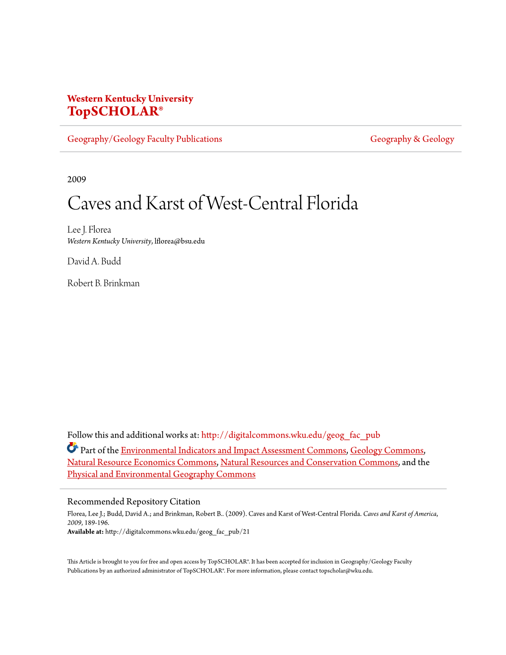 Caves and Karst of West-Central Florida Lee J