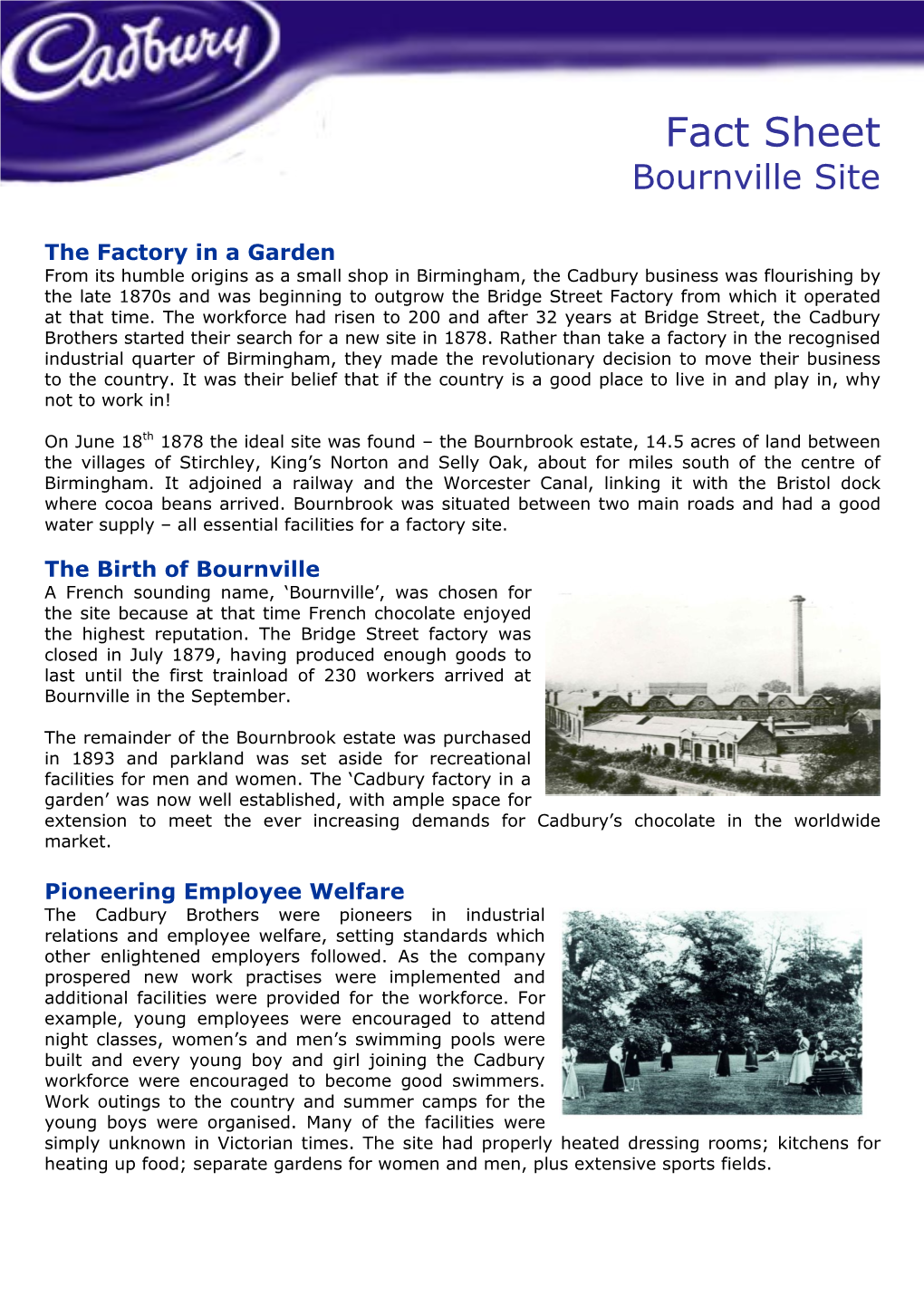 Fact Sheet Bournville Site