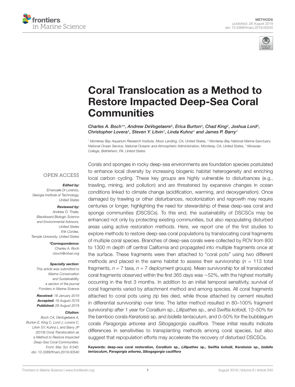 Coral Translocation As a Method to Restore Impacted Deep-Sea Coral Communities