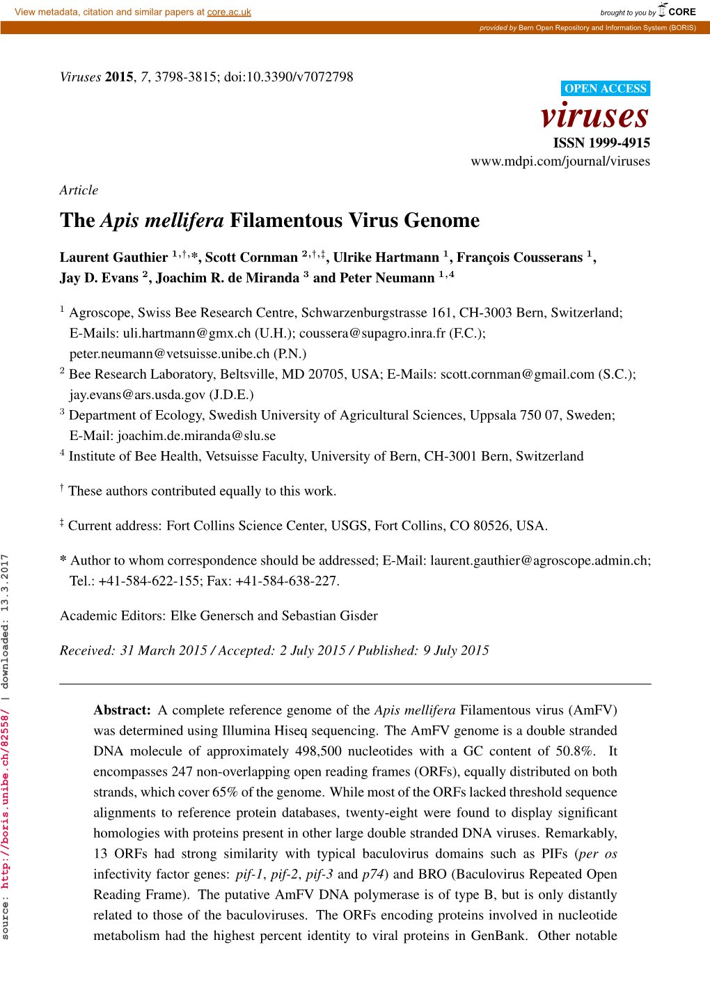 The Apis Mellifera Filamentous Virus Genome
