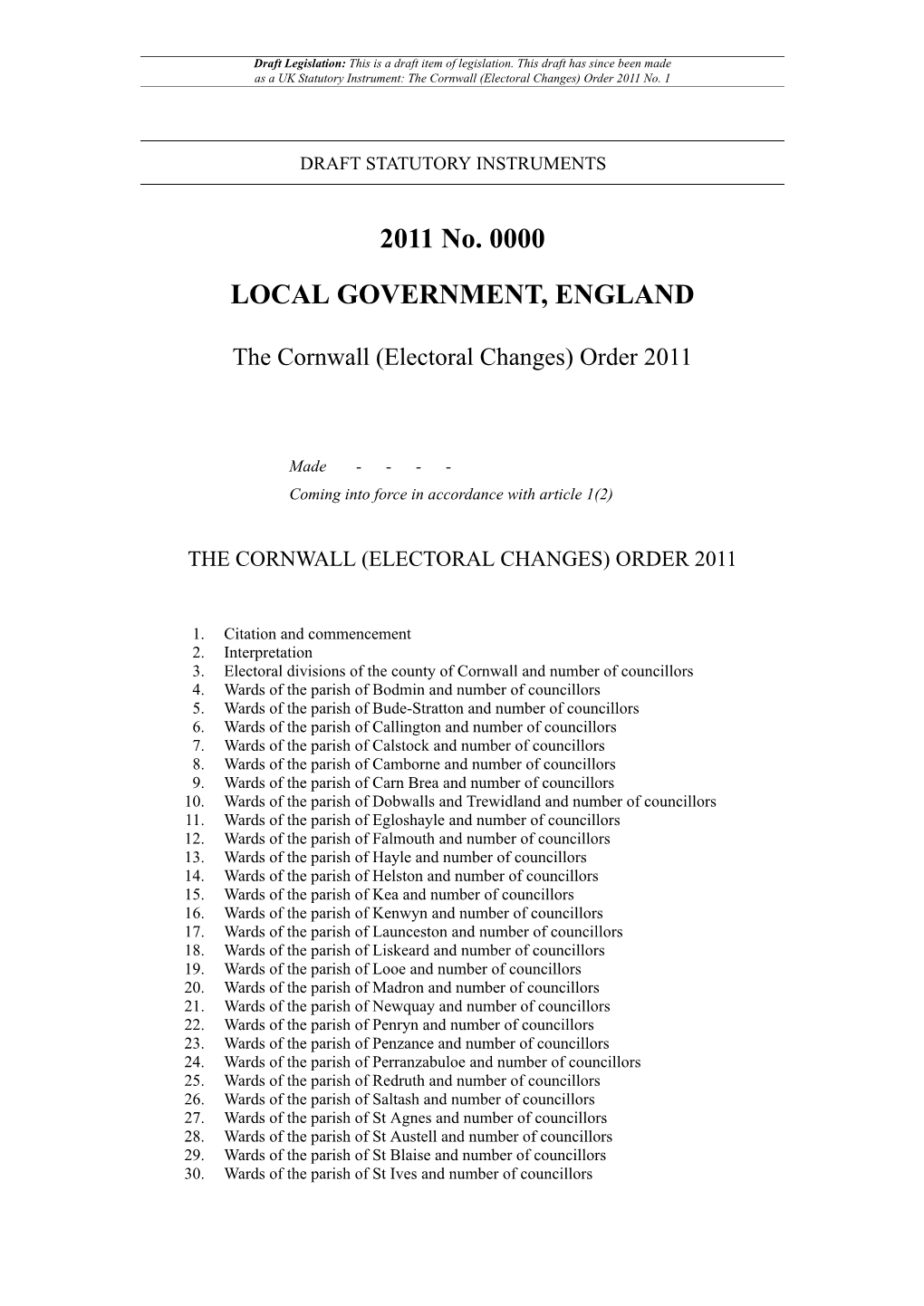 The Cornwall (Electoral Changes) Order 2011 No