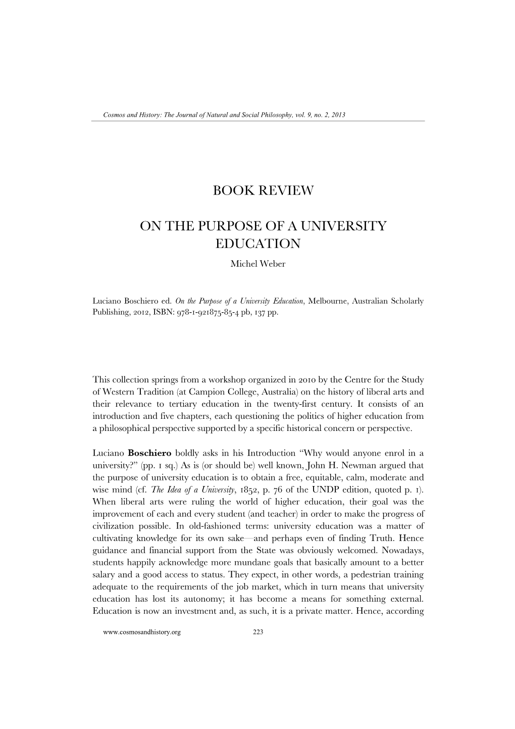 Book Review on the Purpose of a University Education