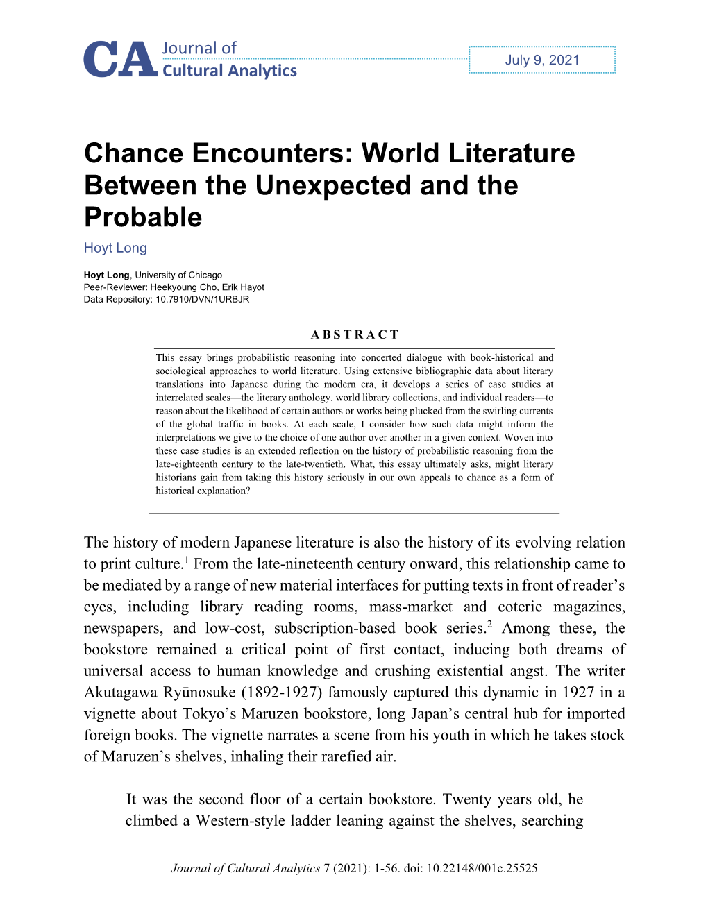 Chance Encounters: World Literature Between the Unexpected and the Probable Hoyt Long