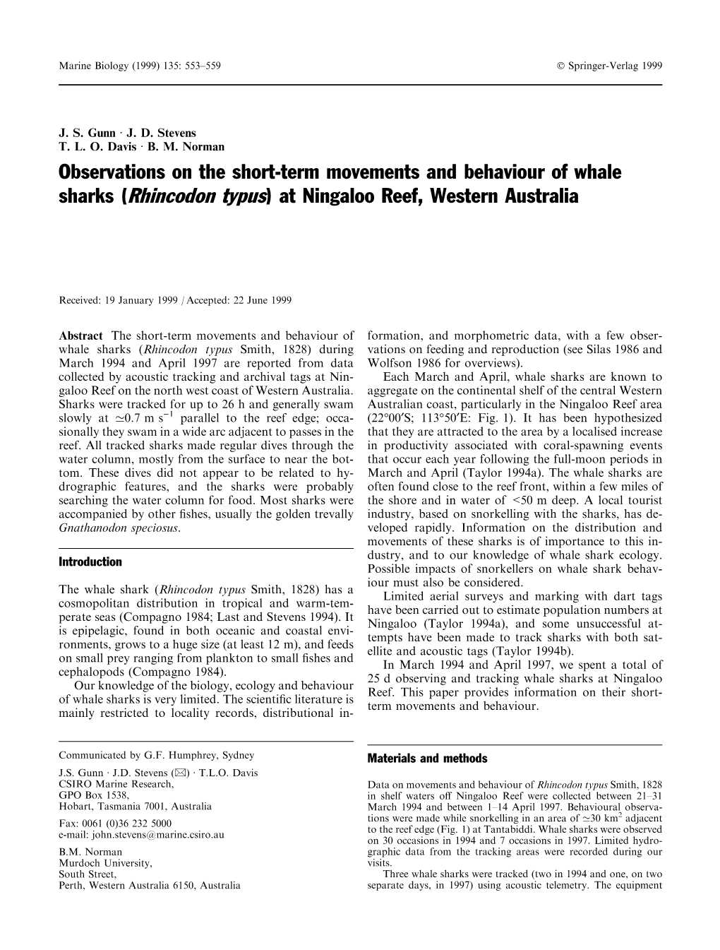 Observations on the Short-Term Movements and Behaviour of Whale Sharks (Rhincodon Typus) at Ningaloo Reef, Western Australia