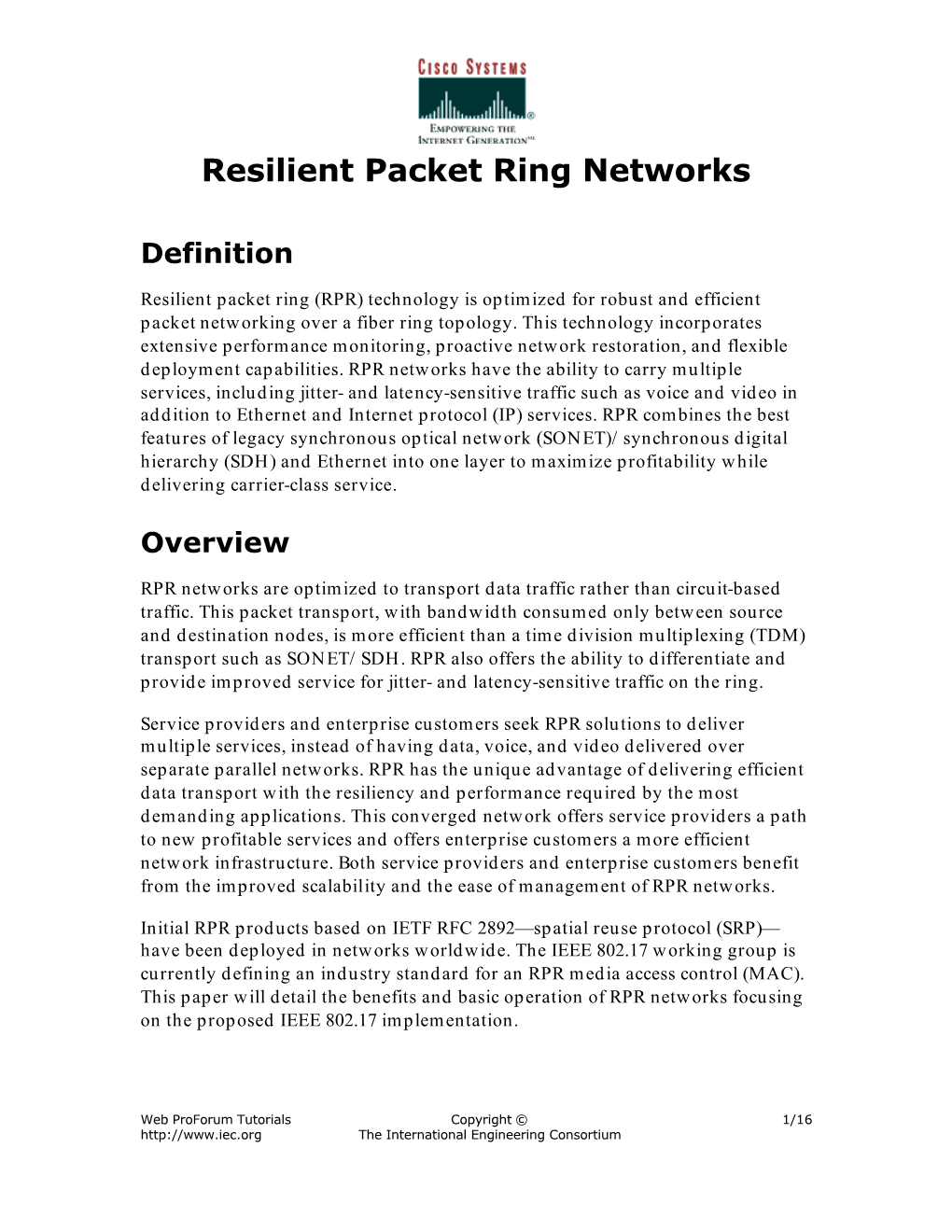 Resilient Packet Ring Networks