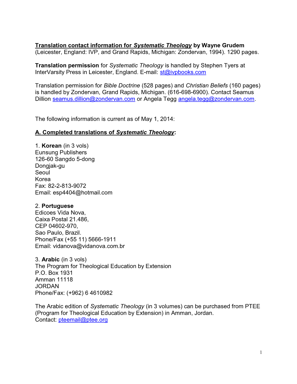 Translation Contact Information for Systematic Theology by Wayne Grudem (Leicester, England: IVP, and Grand Rapids, Michigan: Zondervan, 1994)