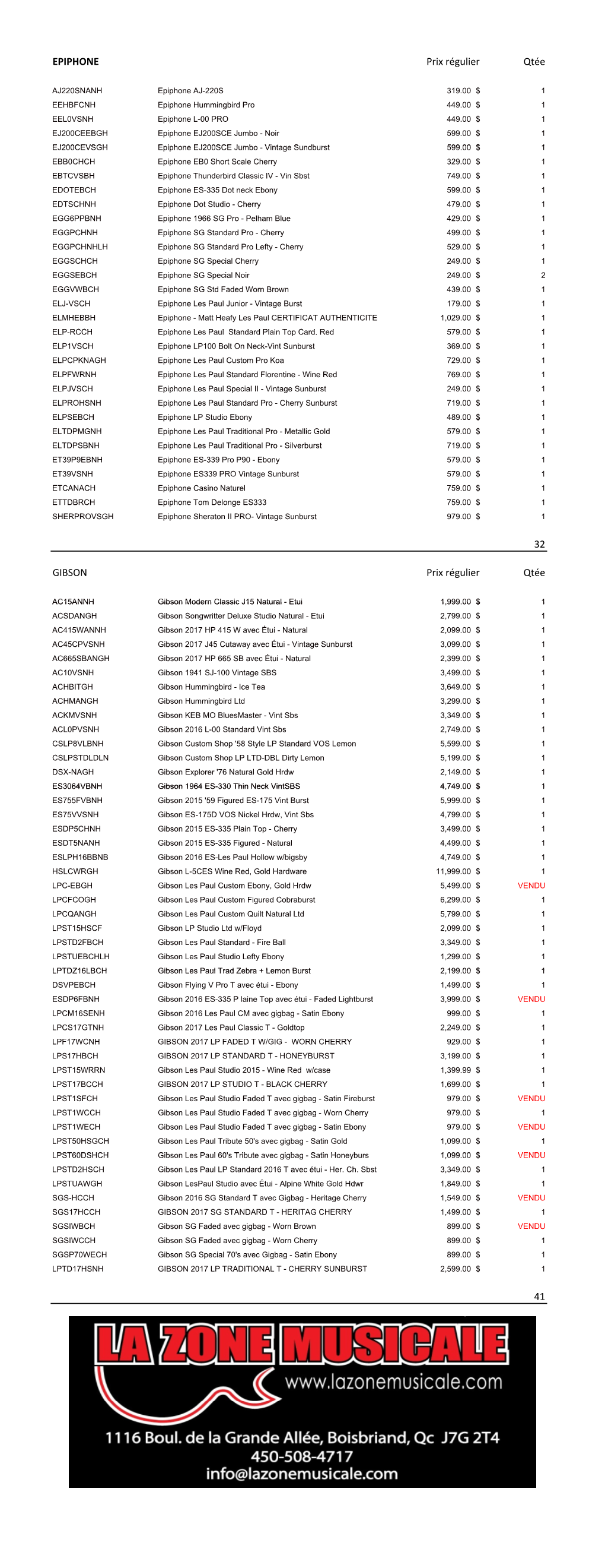 GIBSON EPIPHONE LISTE EVENEMENT.Xlsx