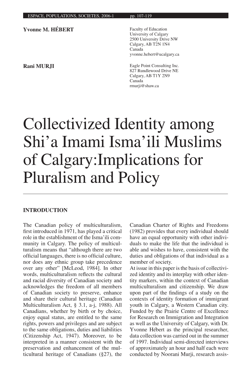 Collectivized Identity Among Shi'a Imami Isma'ili Muslims of Calgary