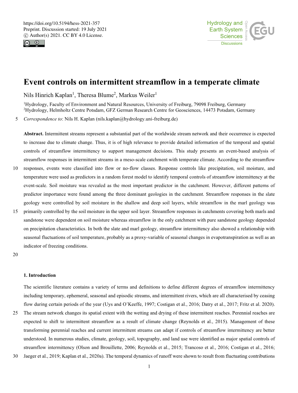 Event Controls on Intermittent Streamflow in a Temperate Climate