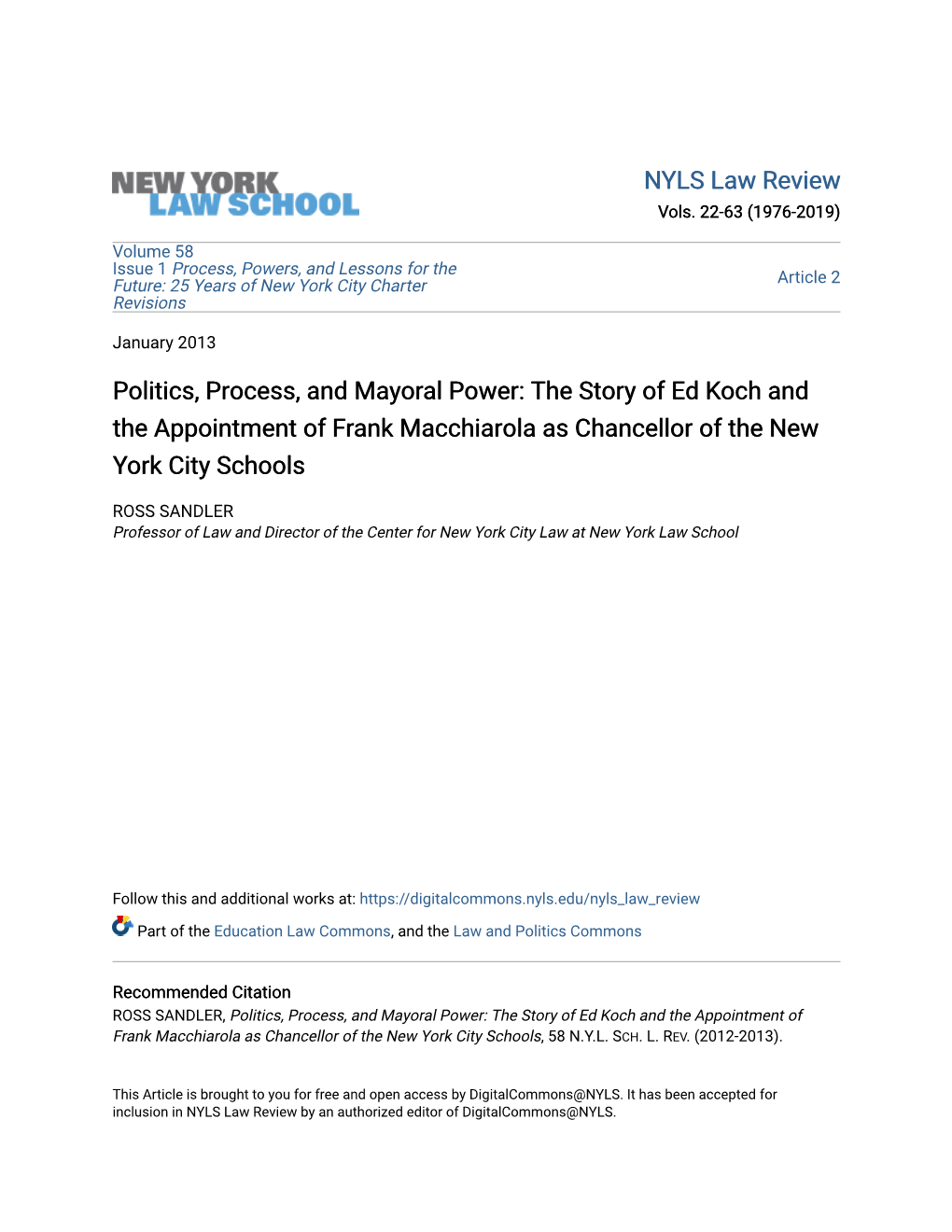 The Story of Ed Koch and the Appointment of Frank Macchiarola As Chancellor of the New York City Schools