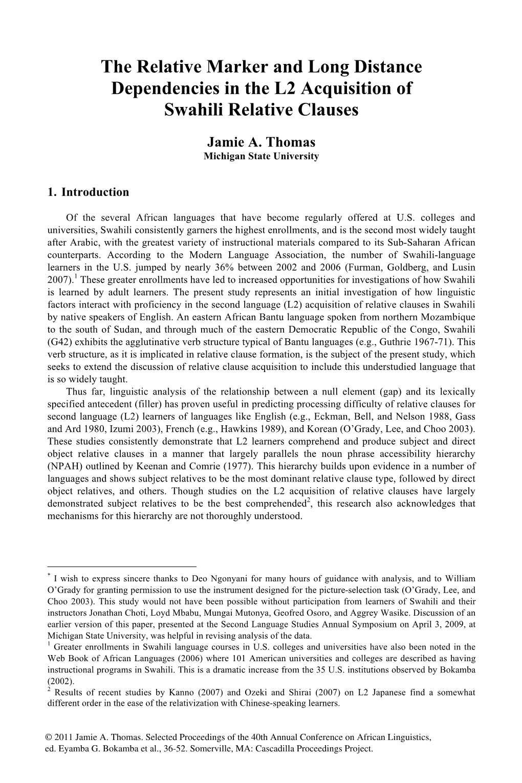 The Relative Marker and Long Distance Dependencies in the L2 Acquisition of Swahili Relative Clauses