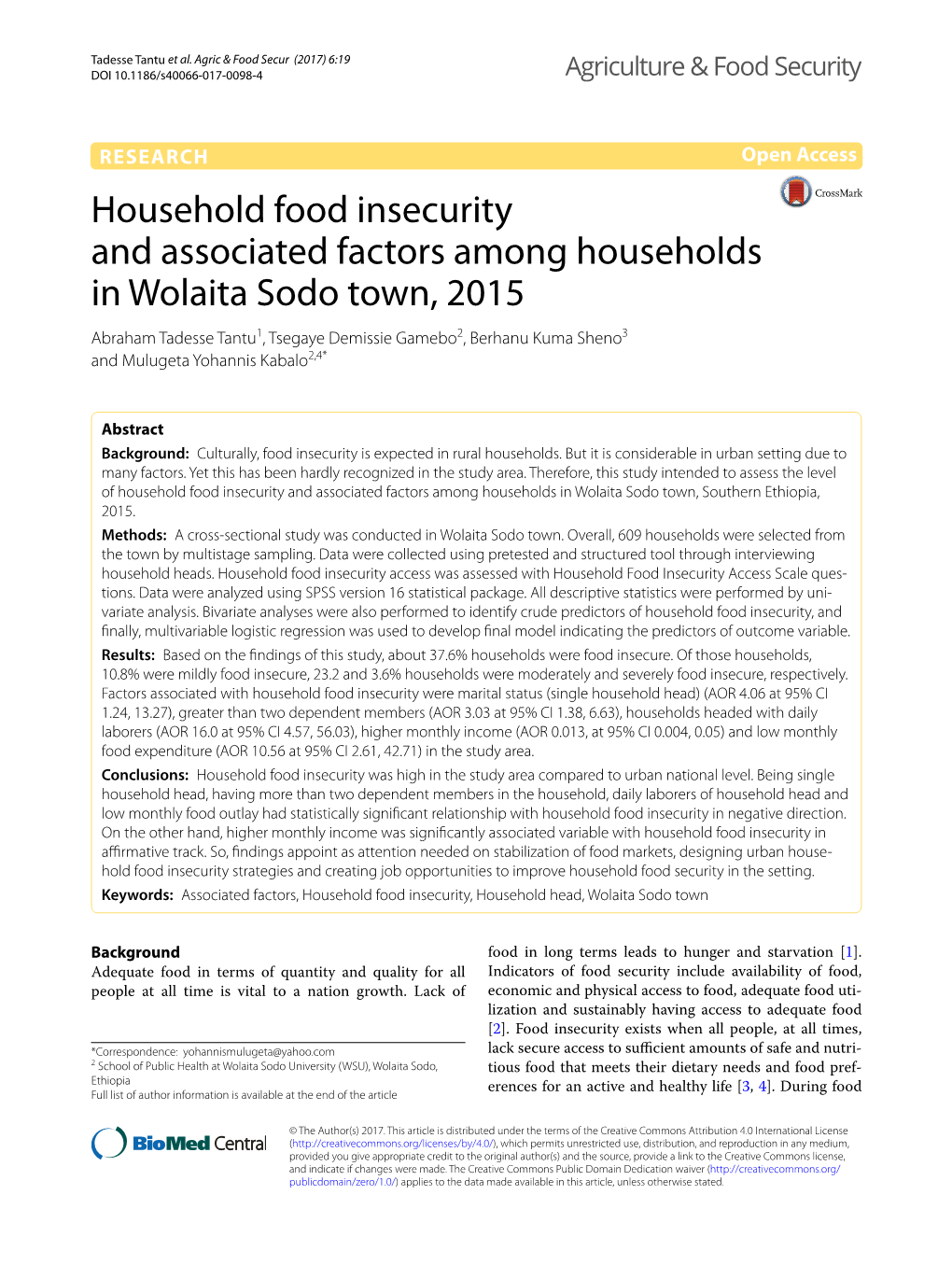 Household Food Insecurity and Associated Factors Among Households in Wolaita Sodo Town, 2015