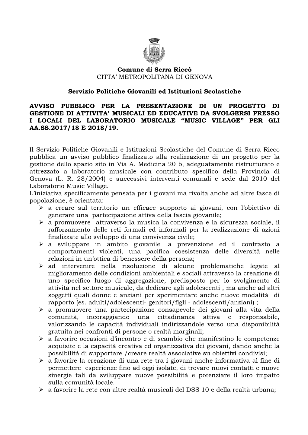 Comune Di Serra Riccò CITTA' METROPOLITANA DI GENOVA