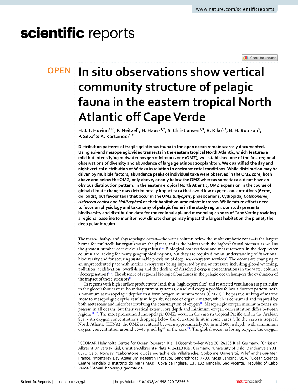 In Situ Observations Show Vertical Community Structure of Pelagic Fauna in the Eastern Tropical North Atlantic of Cape Verde H