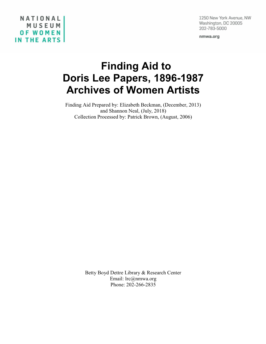 Finding Aid to Doris Lee Papers, 1896-1987 Archives of Women Artists