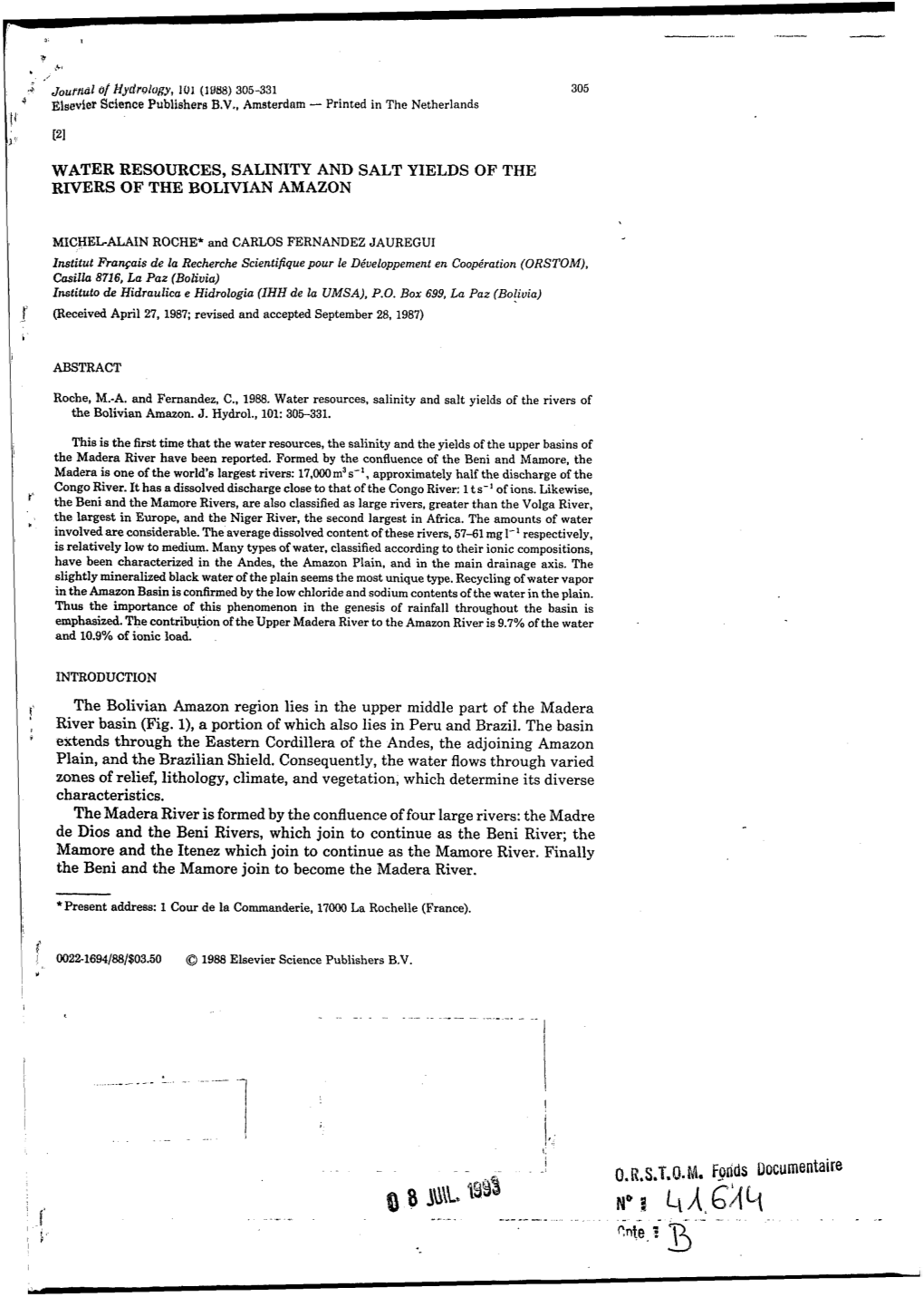 Water Resources, Salinity and Salt Yields of the Rivers of the Bolivian Amazon