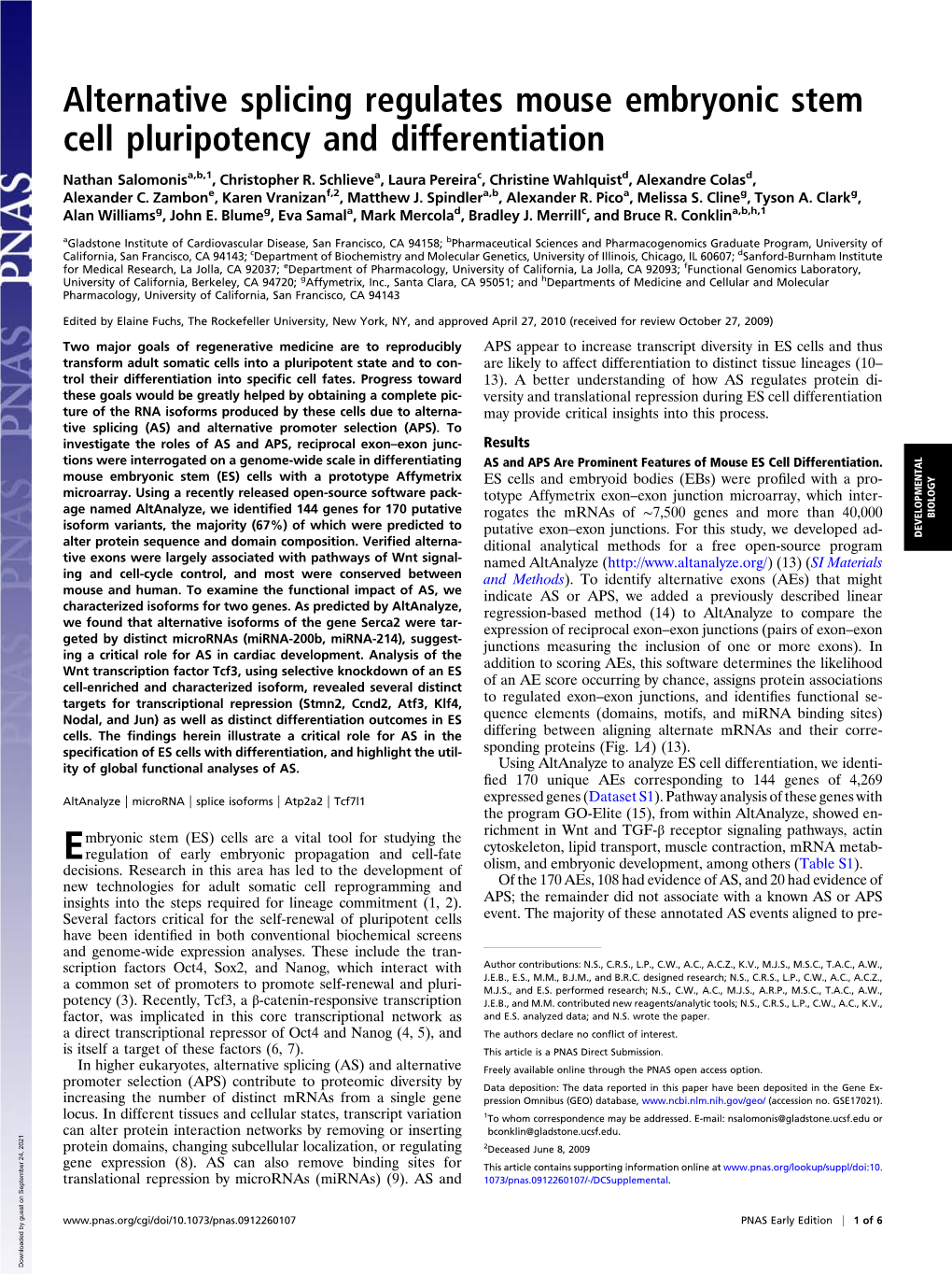 Alternative Splicing Regulates Mouse Embryonic Stem Cell Pluripotency and Differentiation