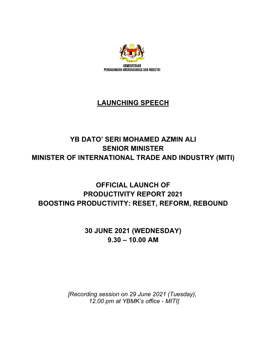 Launching Speech Yb Dato' Seri Mohamed Azmin Ali