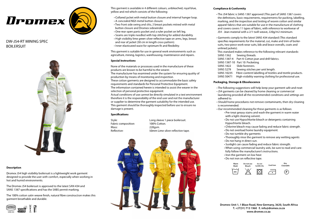 Technical Datasheet DW J54 ANG RT BOILERSUIT