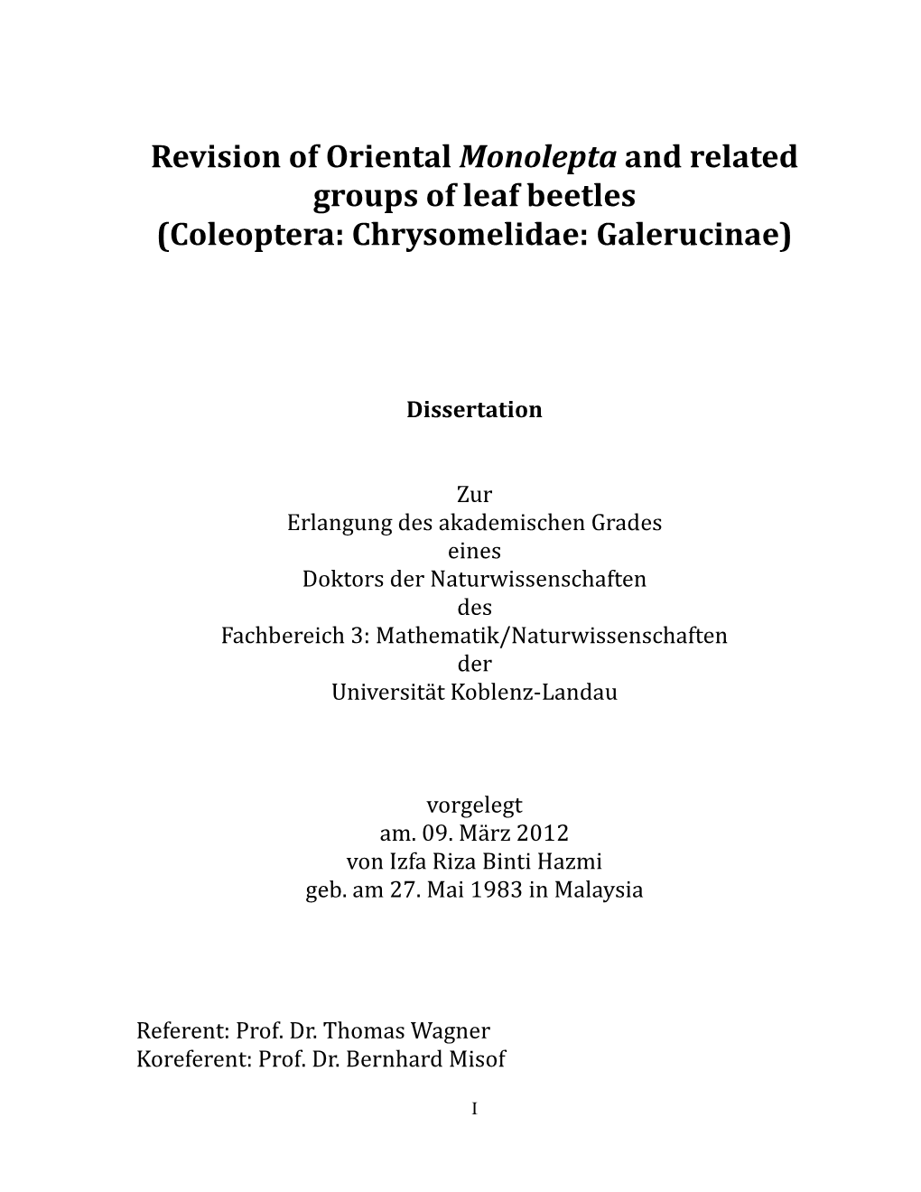 Revision of Oriental Monolepta and Related Groups of Leaf Beetles (Coleoptera: Chrysomelidae: Galerucinae)