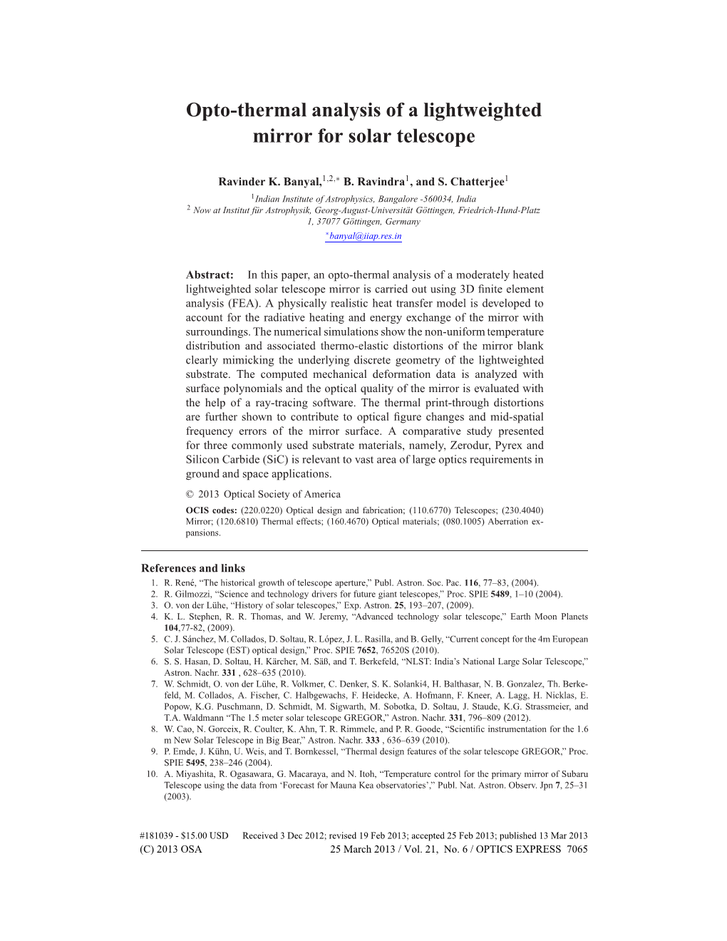 Opto-Thermal Analysis of a Lightweighted Mirror for Solar Telescope