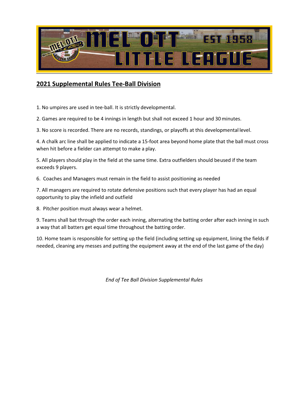 2021 Supplemental Rules Tee-Ball Division