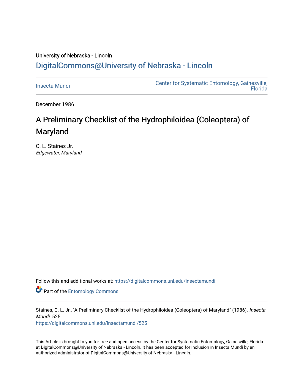 A Preliminary Checklist of the Hydrophiloidea (Coleoptera) of Maryland