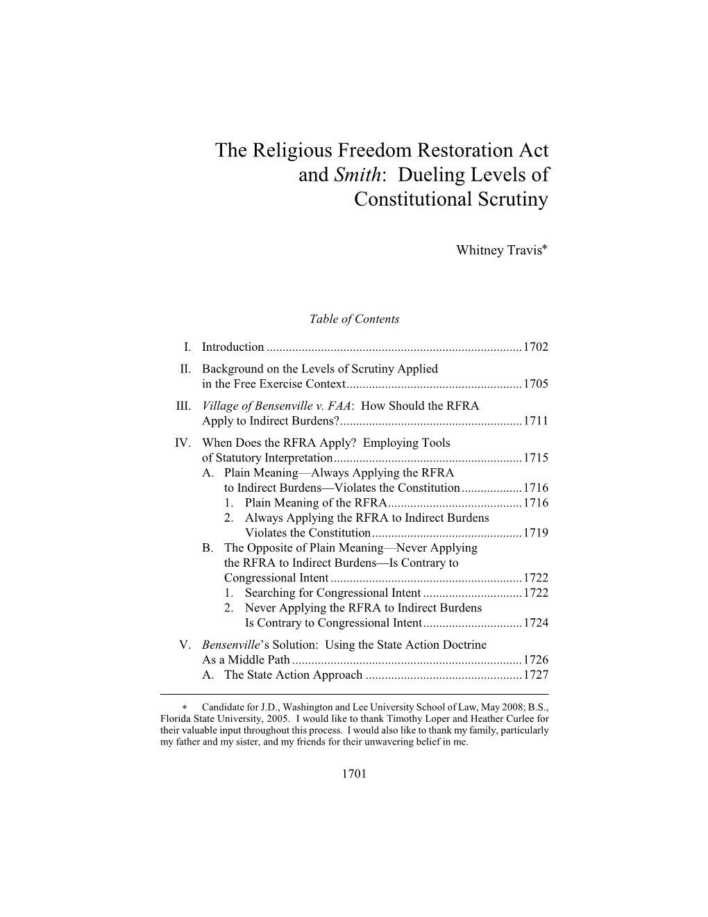 The Religious Freedom Restoration Act and Smith: Dueling Levels of Constitutional Scrutiny