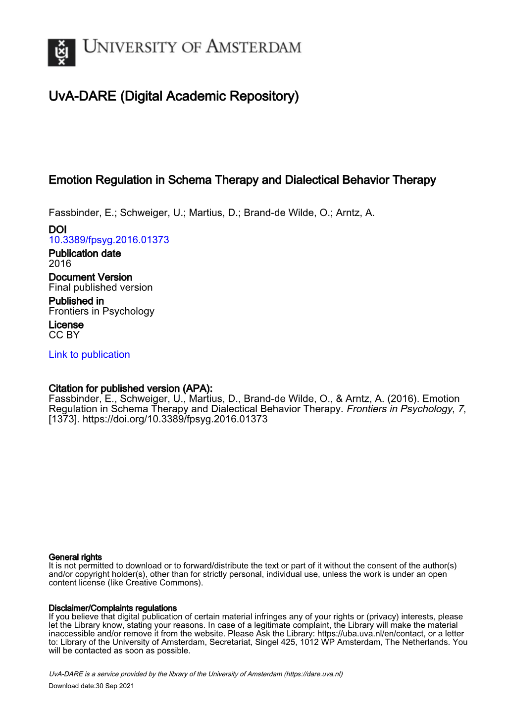 Emotion Regulation in Schema Therapy and Dialectical Behavior Therapy