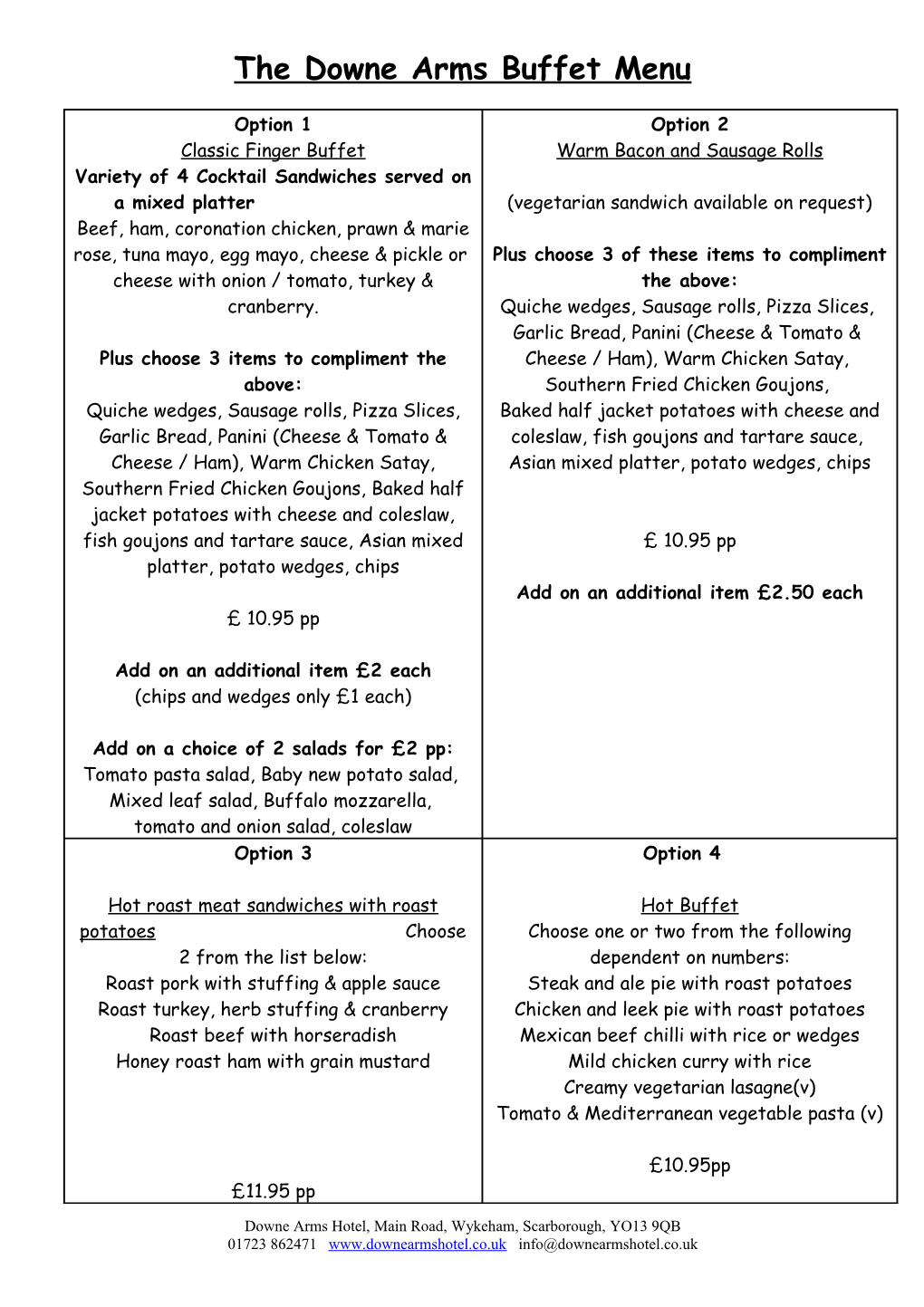 The Downe Arms Buffet Menu