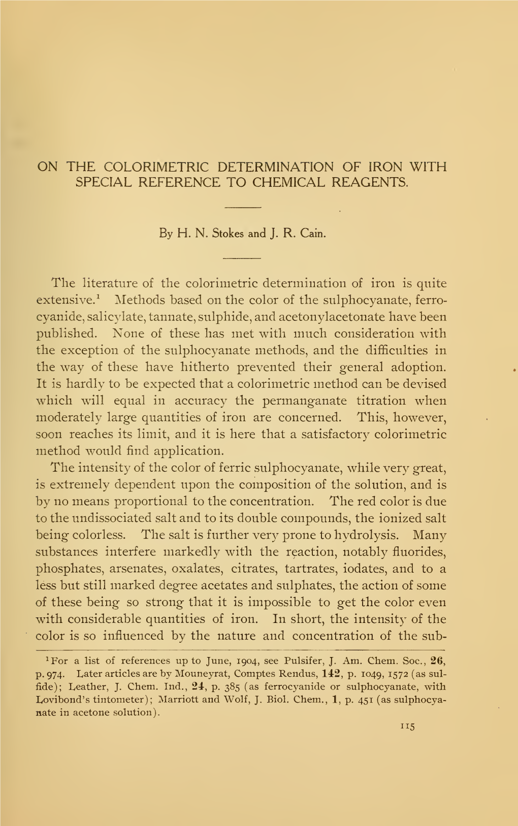 On the Colorimetric Determination of Iron with Special Reference to Chemical Reagents