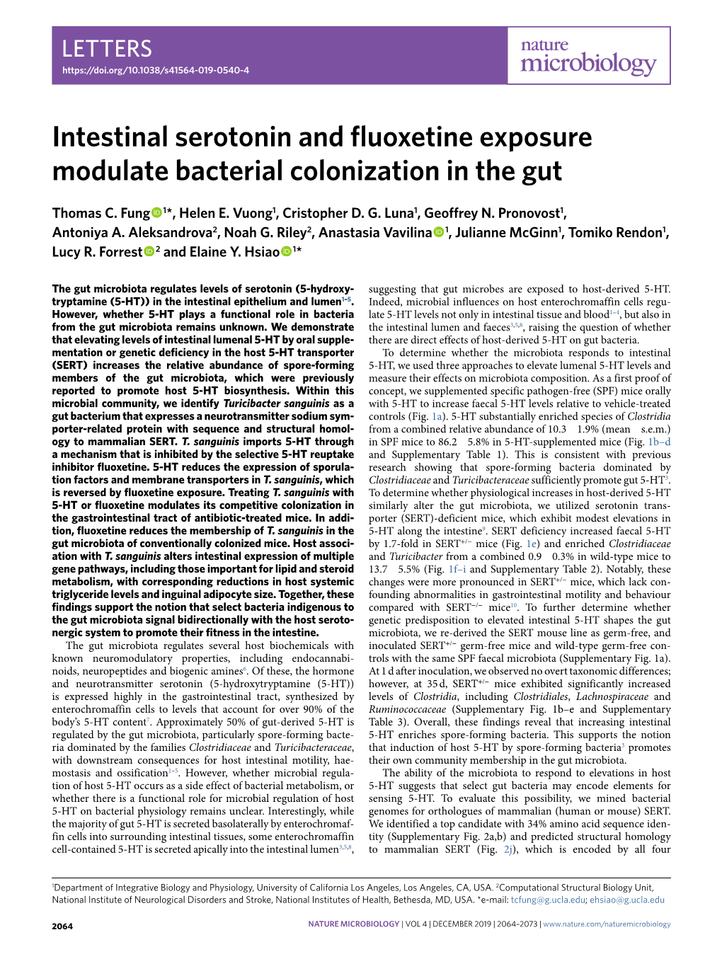 Intestinal Serotonin and Fluoxetine Exposure Modulate Bacterial Colonization in the Gut