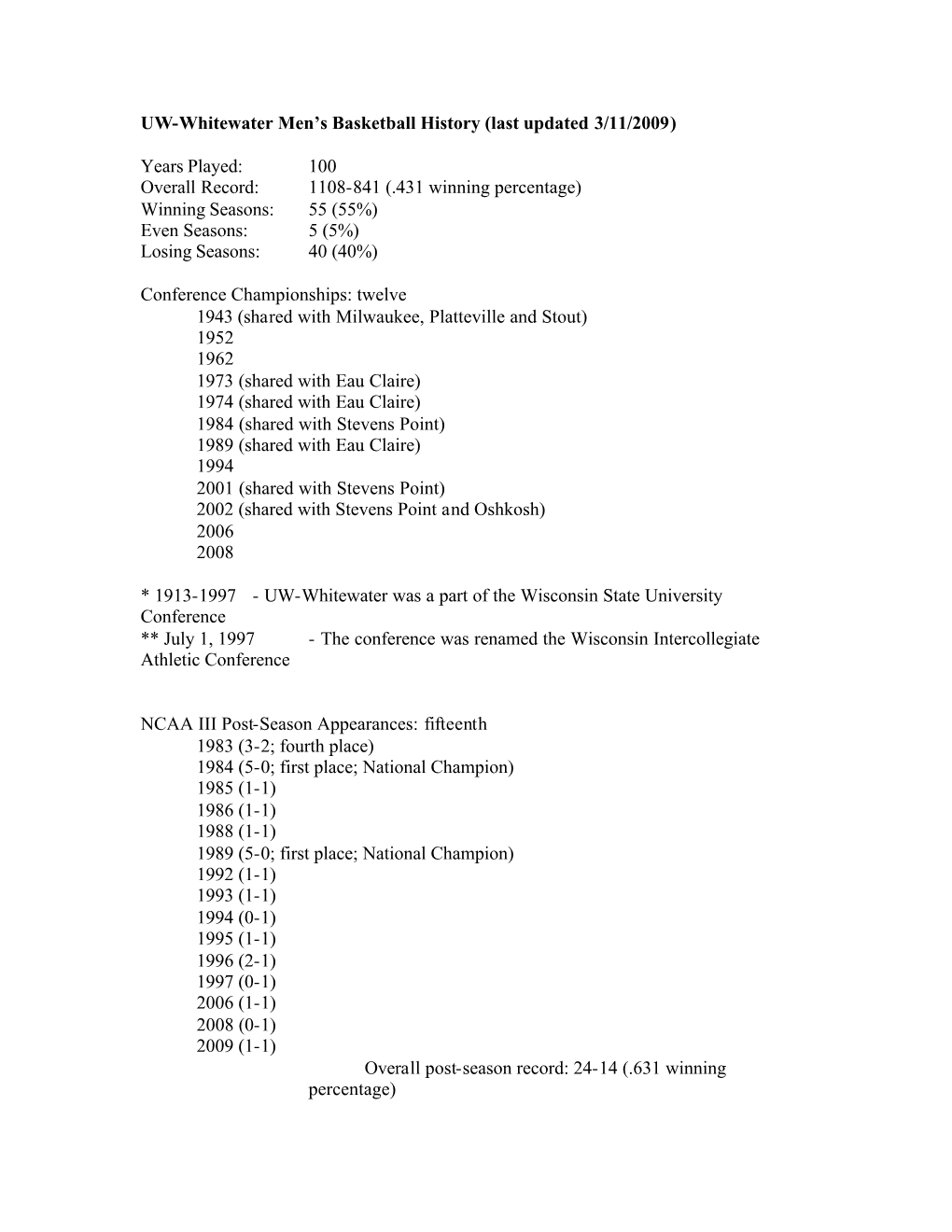 UW-Whitewater Men's Basketball History (Last Updated 3/11/2009