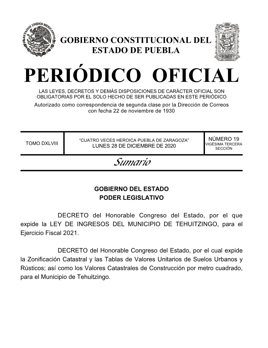 LEY DE INGRESOS DEL MUNICIPIO DE TEHUITZINGO, Para El Ejercicio Fiscal 2021
