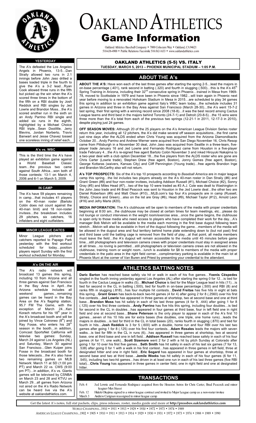 03-05-2013 A's Game Notes Vs. Italy