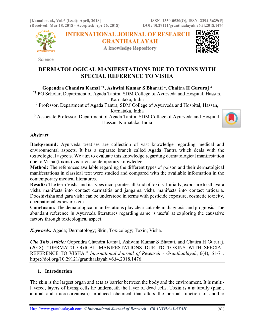 Dermatological Manifestations Due to Toxins with Special Reference to Visha