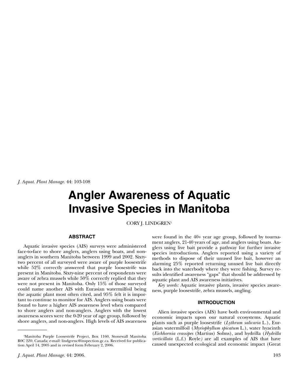 Angler Awareness of Aquatic Invasive Species in Manitoba