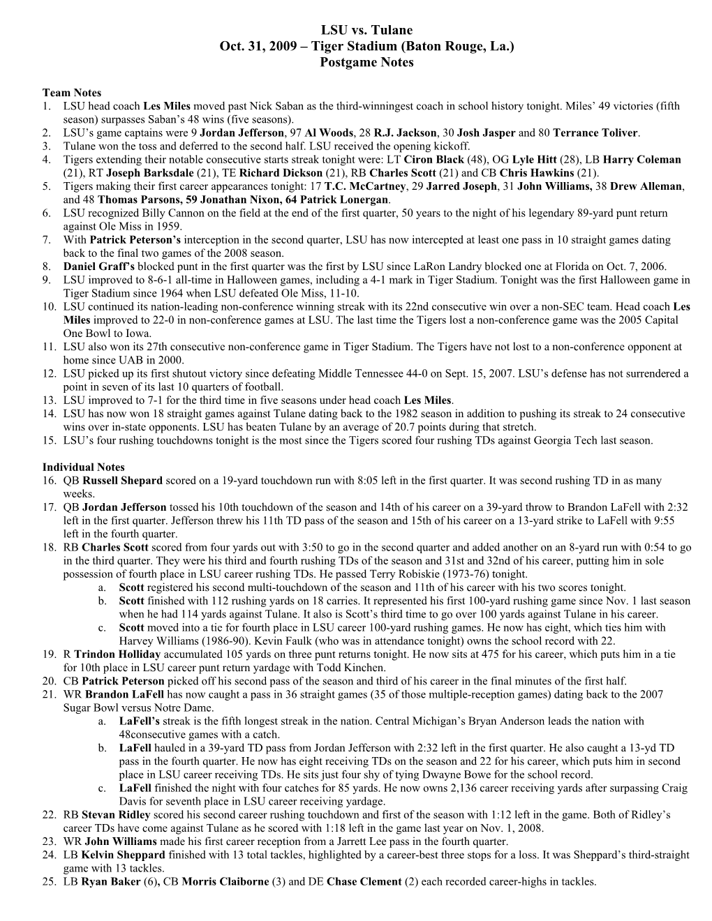 LSU Vs. Tulane Oct. 31, 2009 – Tiger Stadium (Baton Rouge, La.) Postgame Notes