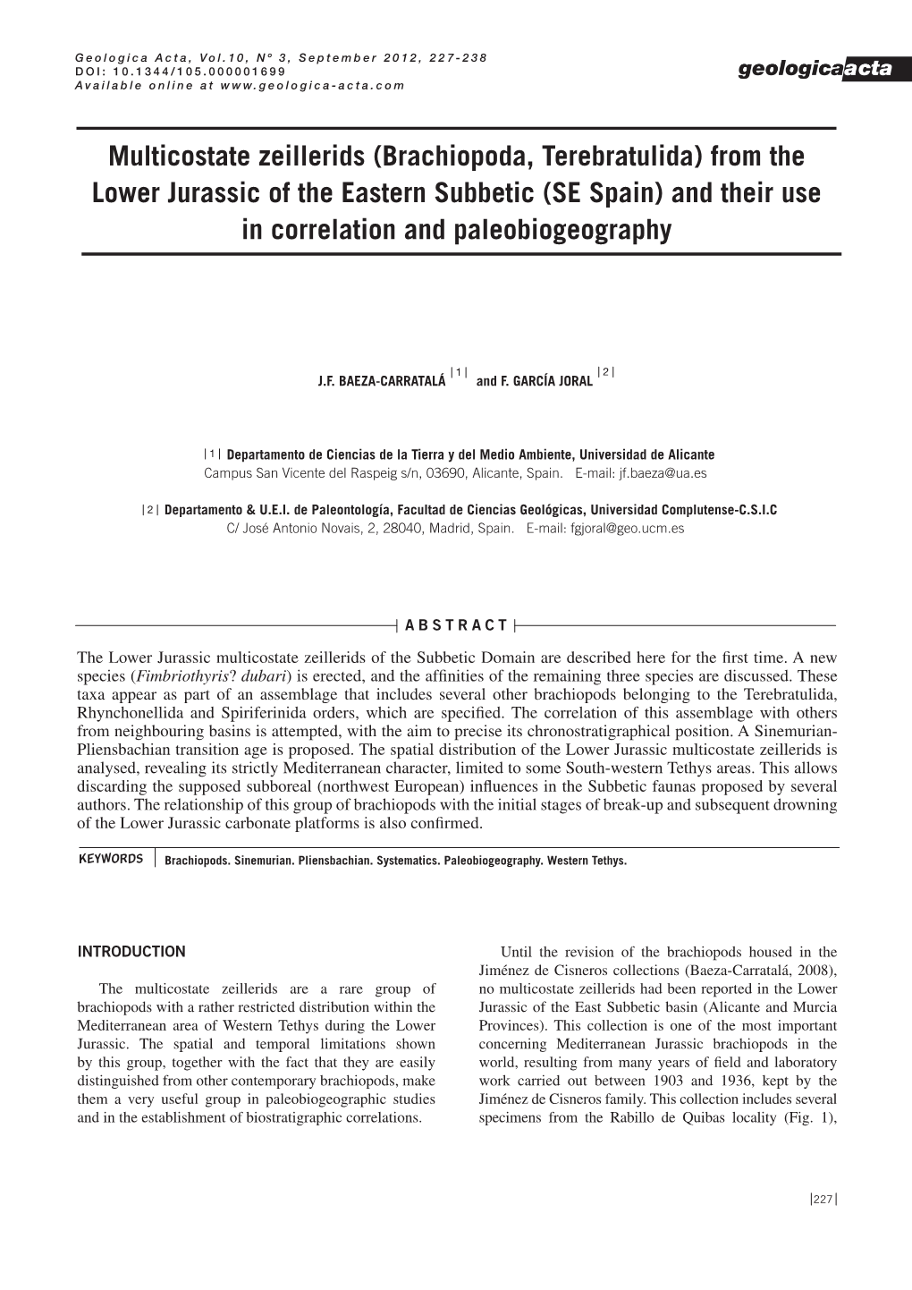 Brachiopoda, Terebratulida) from the Lower Jurassic of the Eastern Subbetic (SE Spain) and Their Use in Correlation and Paleobiogeography