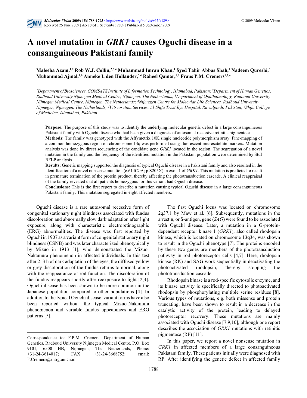 A Novel Mutation in GRK1 Causes Oguchi Disease in a Consanguineous Pakistani Family