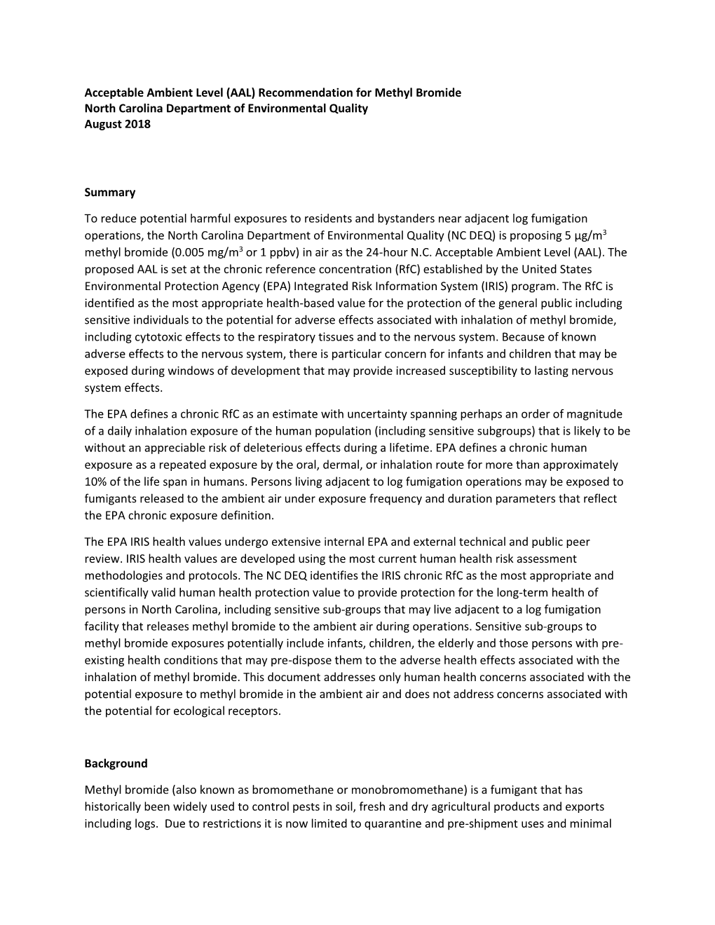 Acceptable Ambient Level (AAL) Recommendation for Methyl Bromide North Carolina Department of Environmental Quality August 2018